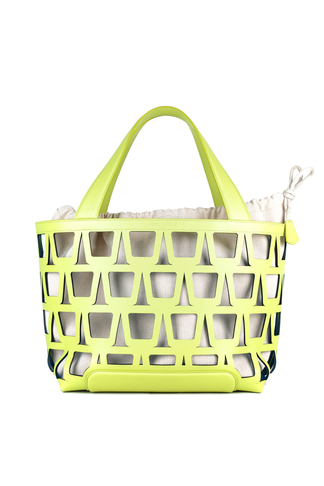 KAYLA TOTE 43 - VEAU VERT ACIDE ET TOILE ECRU