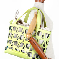 KAYLA TOTE 43 - VEAU VERT ACIDE ET TOILE ECRU