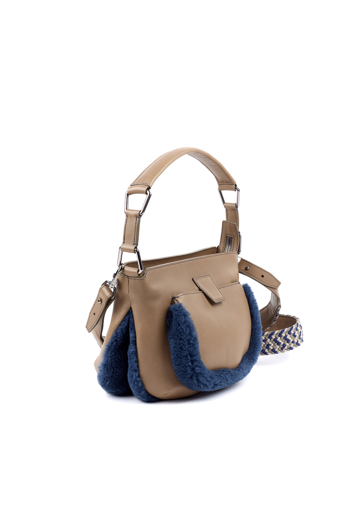 LESLIE 25 - VEAU TAUPE ET SHEARLING BLEU PÉTROLE