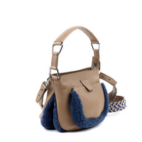 LESLIE 25 - VEAU TAUPE ET SHEARLING BLEU PÉTROLE