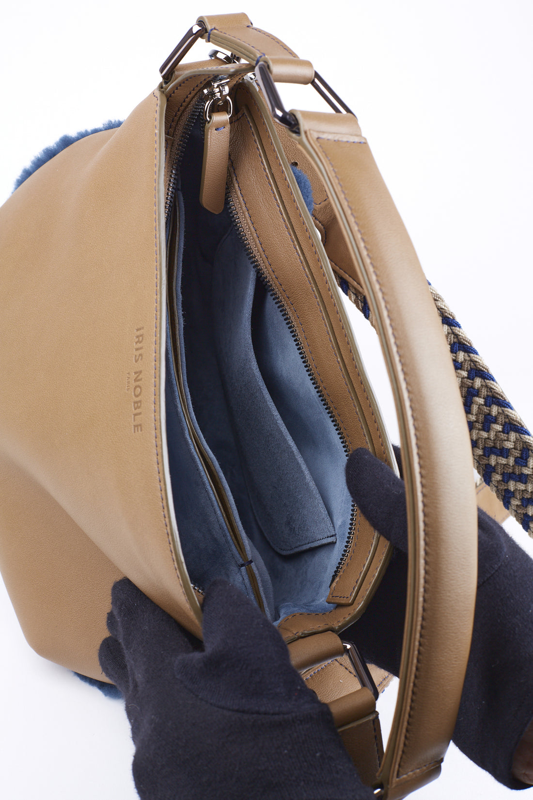 LESLIE 25 - VEAU TAUPE ET SHEARLING BLEU PÉTROLE