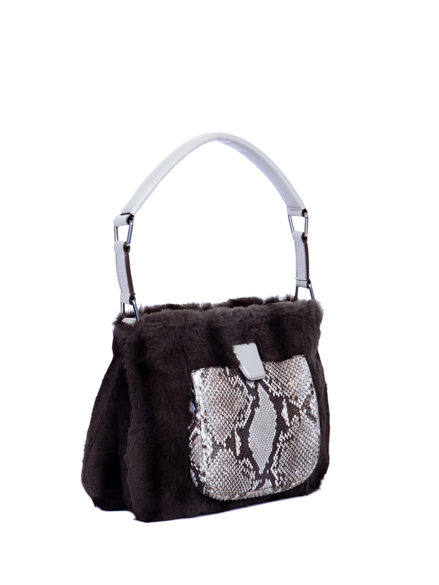 LESLIE SHOULDER - VEAU TAUPE, PYTHON MULTI ET FOURRURE