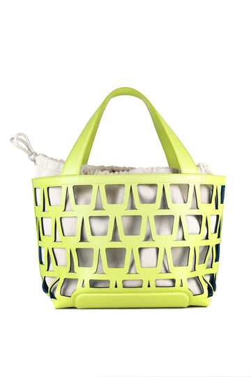 KAYLA TOTE 43 - VEAU VERT ACIDE ET TOILE ECRU