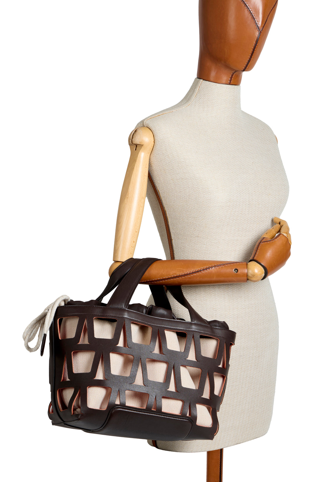 KAYLA TOTE 33 - VEAU CHOCOLAT ET TOILE ECRU