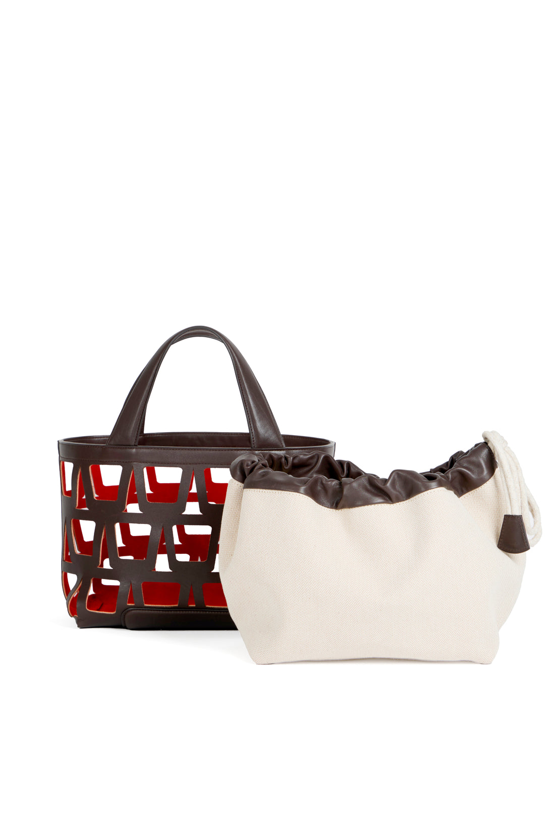 KAYLA TOTE 33 - VEAU CHOCOLAT ET TOILE ECRU