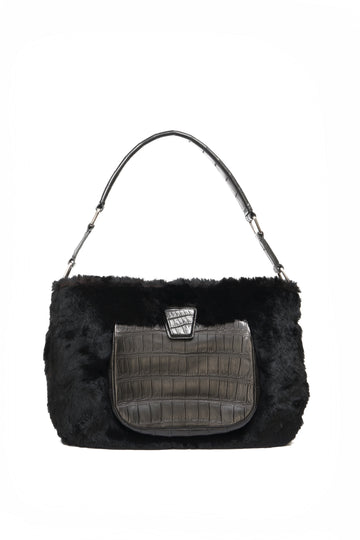 LESLIE SHOULDER FOURRURE ET CROCODILE NOIR