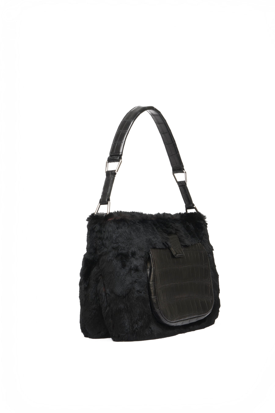 LESLIE SHOULDER FOURRURE ET CROCODILE NOIR