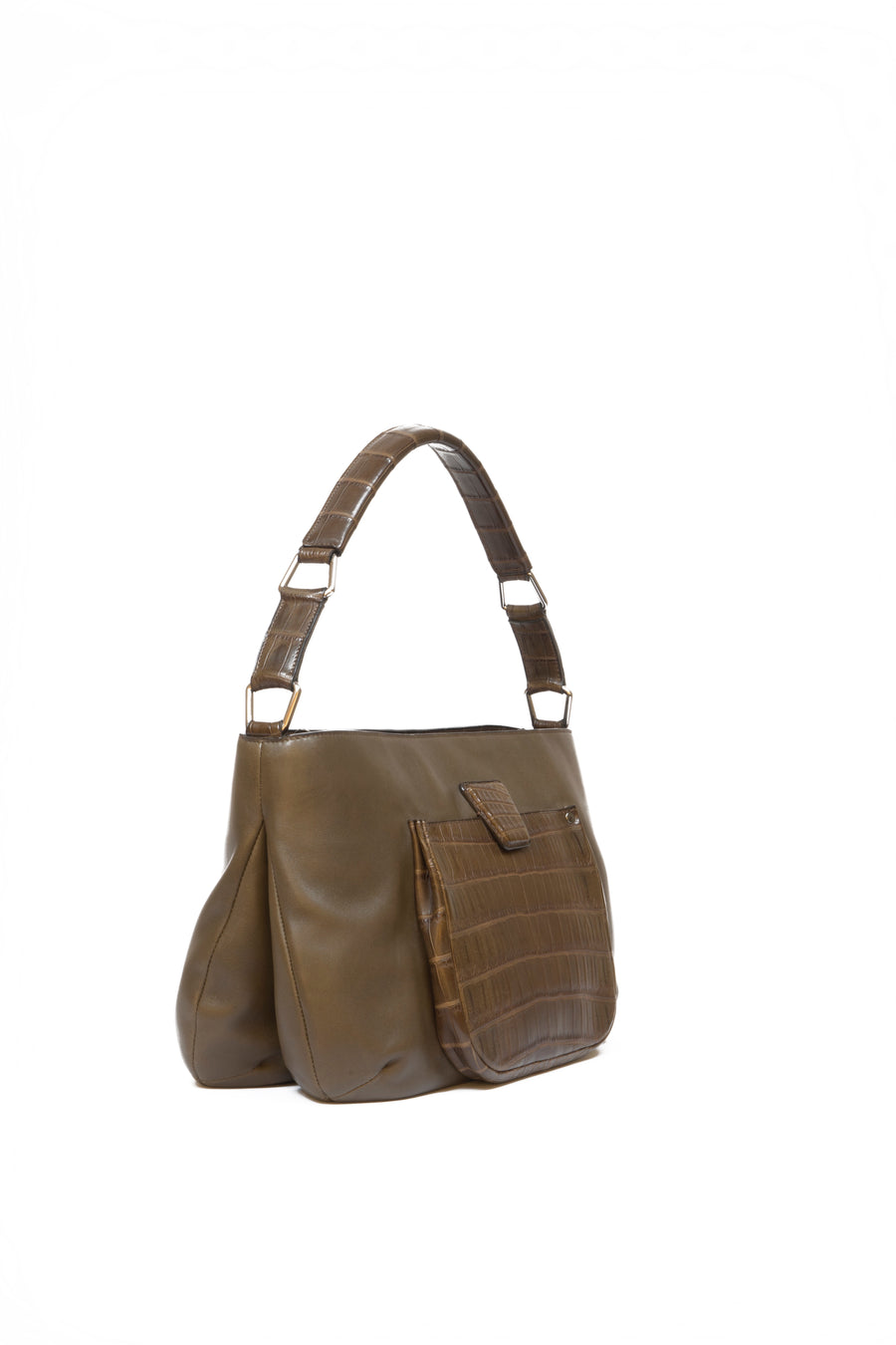 LESLIE SHOULDER - VEAU ACAJOU ET CROCODILE MARRON