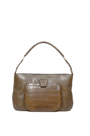 LESLIE SHOULDER - VEAU ACAJOU ET CROCODILE MARRON