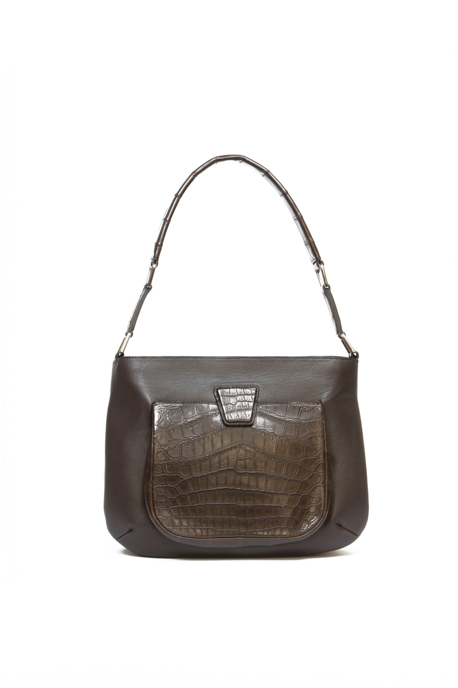 LESLIE SHOULDER - VEAU GRAIN DE CAFÉ ET CROCODILE MARRON