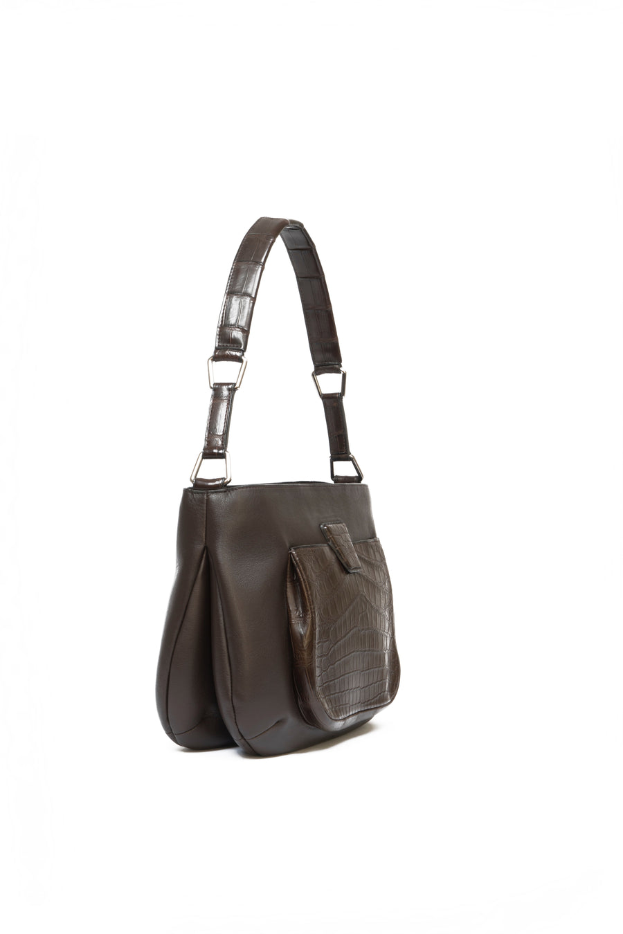 LESLIE SHOULDER - VEAU GRAIN DE CAFÉ ET CROCODILE MARRON