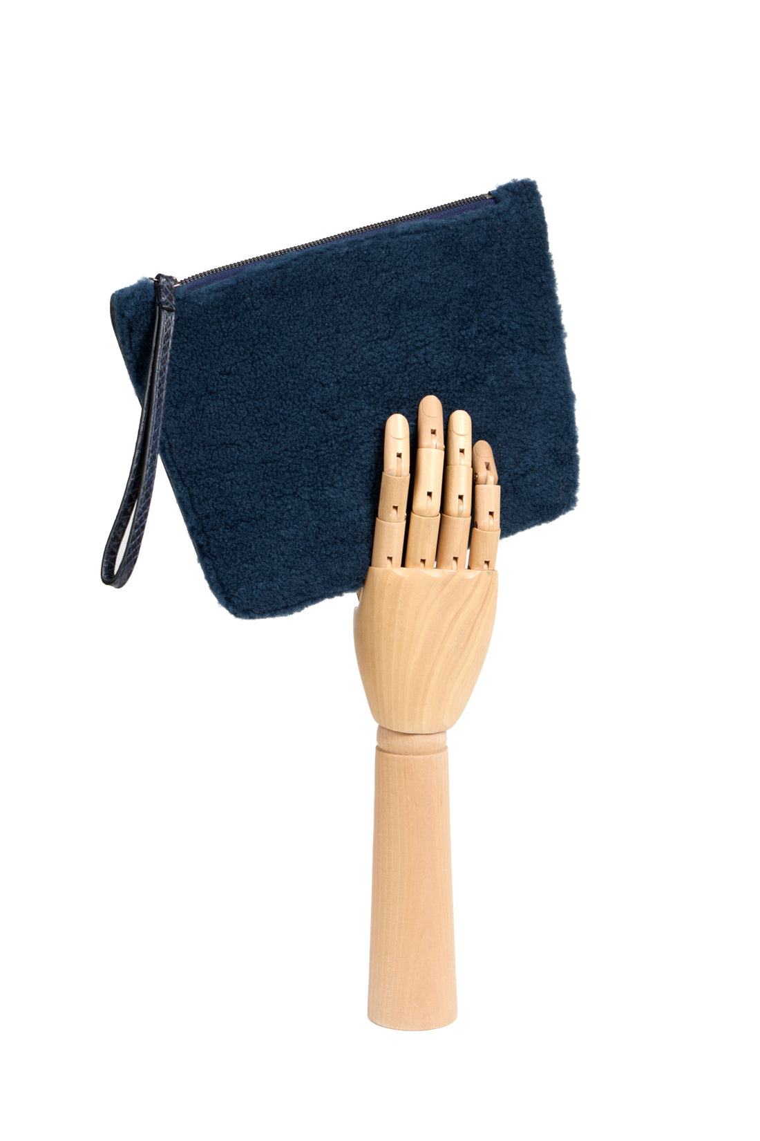 POCHETTE TRAPEZE 25 - SHEARLING ET VEAU PETROLE