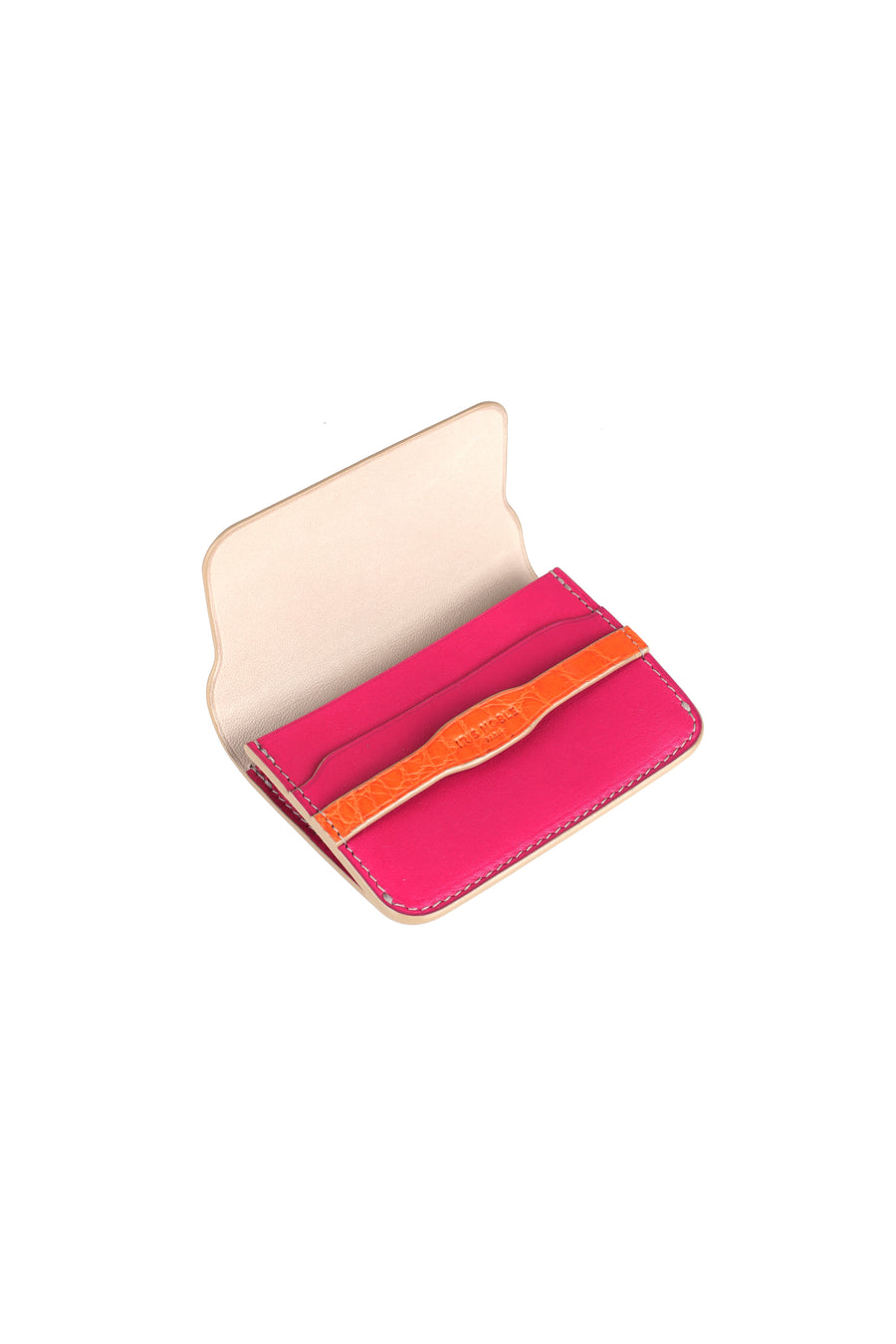 PORTE CARTES BONAPART - VEAU PINK ET CROCODILE ORANGE